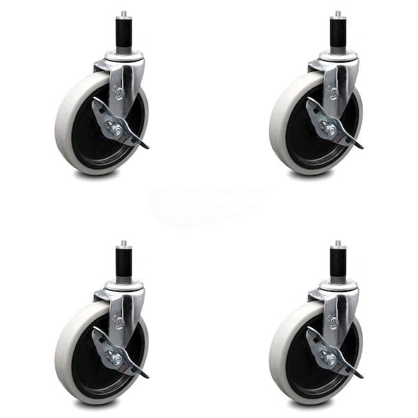 5 Inch Thermoplastic Wheel 1-1/5 Inch Expanding Stem Caster with Brakes, 4PK